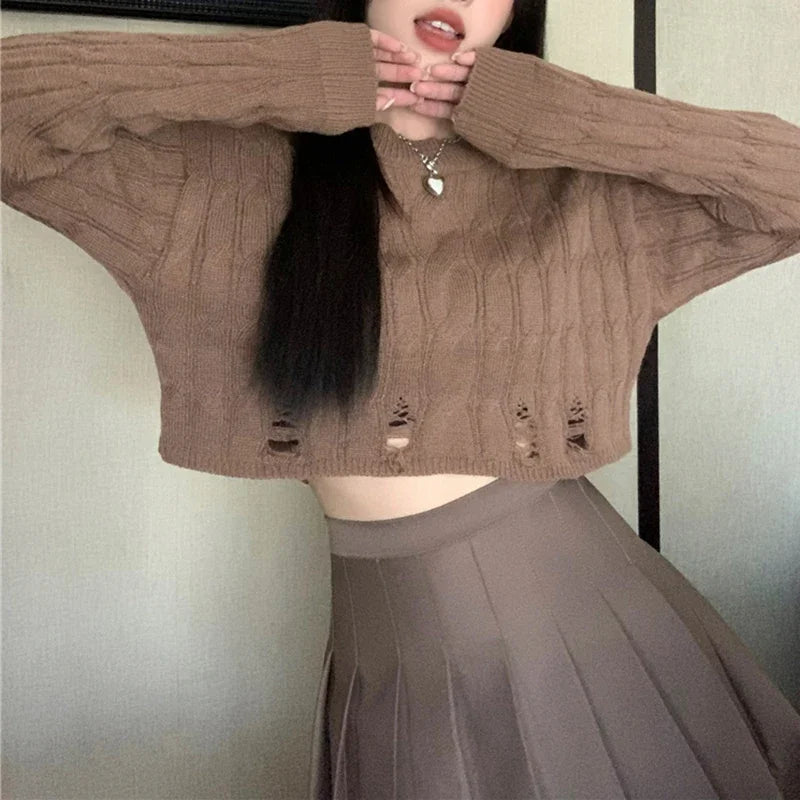 Lunivop Distressed Sweater for Women Teen-girl Cable Knit Crew Neck Crop Sweater Pullover Plain Jumper Y2K Grunge Outfit