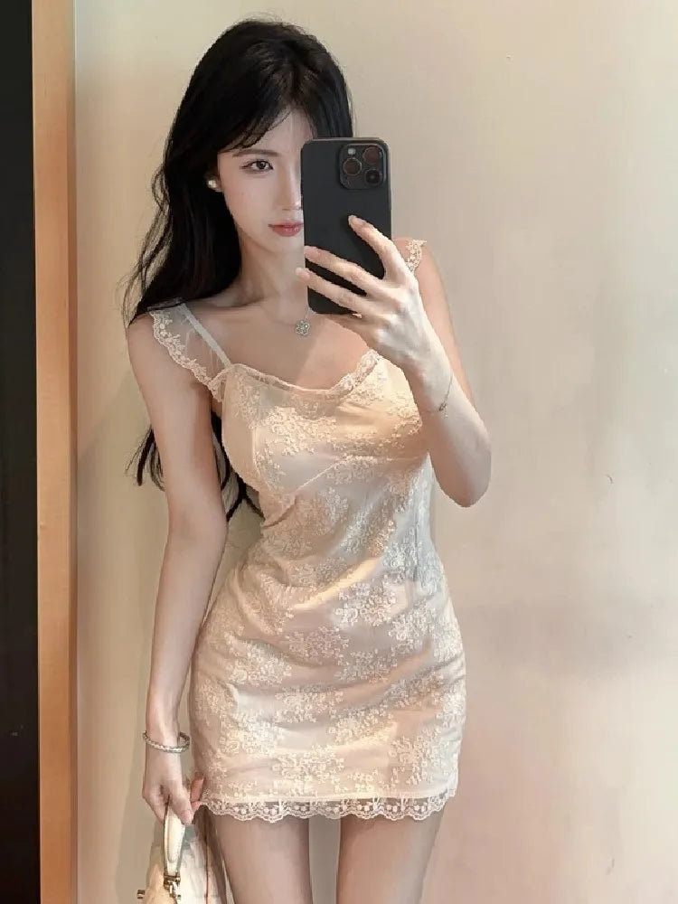 Lunivop  Women Dress Sleeveless Lace Patchwork Slash Neck Slim Elegant French Style Chic Party Mini Dresses Female Fashion