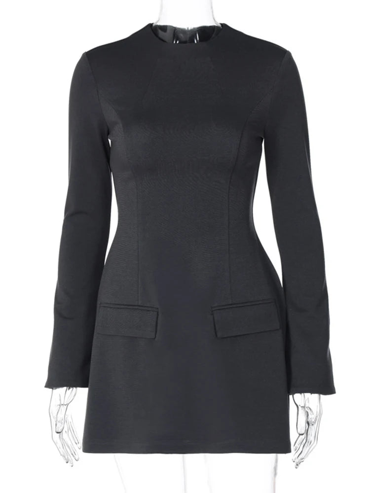 Lunivop Sexy Slim Mini Dress For Women Two Pocket 2024 Autumn Winter New Long Sleeve A-line Solid Club Party Dress Elegant Female