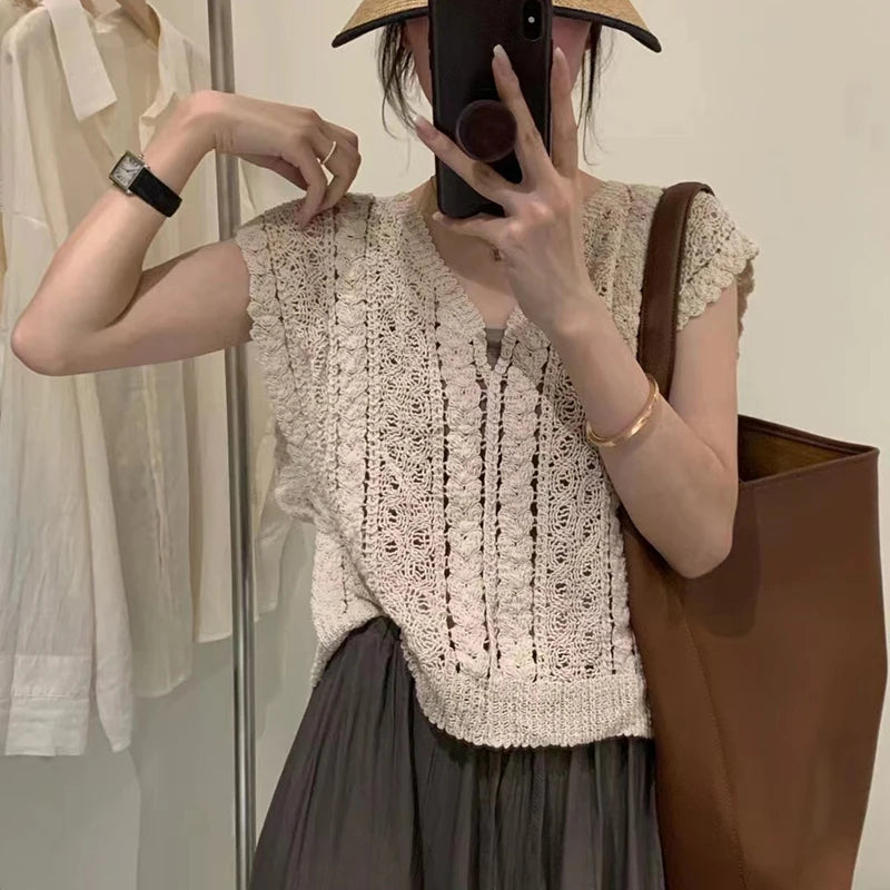 Lunivop Summer Crochet Top Women Sheer Openwork V-neck Sleeveless Knit Tank Blouse Beach Boho Vacation Outfit