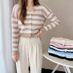 Lunivop Women Striped Knit Cardigan Button Front Long Sleeve V-neck Crop Sweater Jacket Comfy Knitwear French Chic Autumn Winter Outfit
