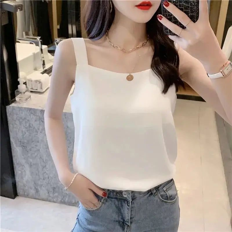 Lunivop  Faionable Women's Loose Fit Svel Suiting Chiffon Vest Four Seasons Wearable Meat Concealing  Strap Top
