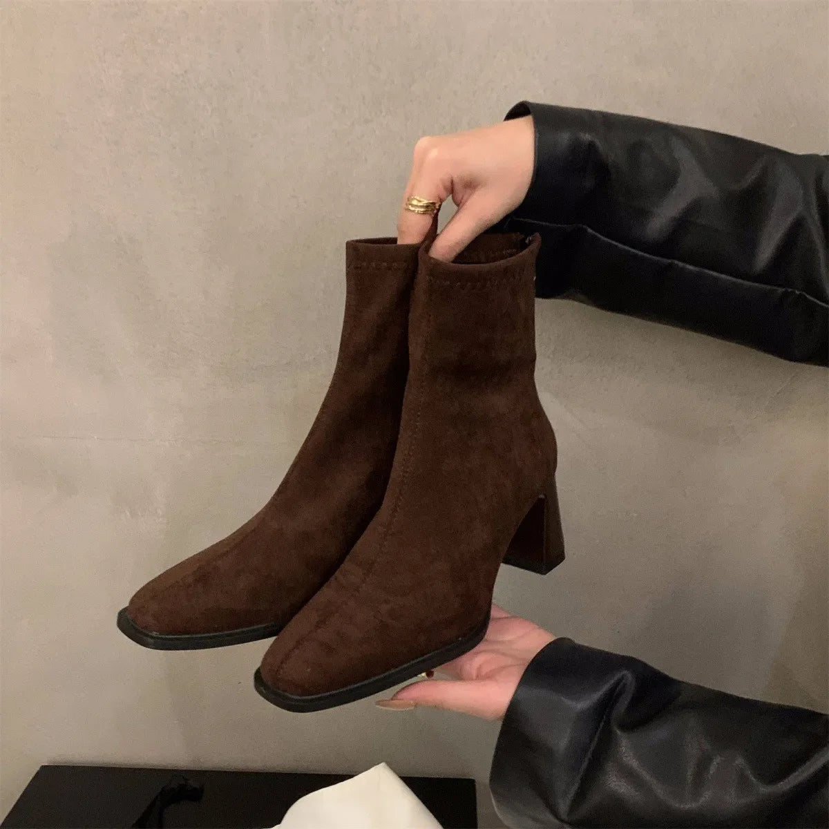 Lunivop Vintage Women Ankle Boots Fashion Square Toe Thick High Shoes Autumn Winter New Ladies Elegant Stretch Slim Short Booties