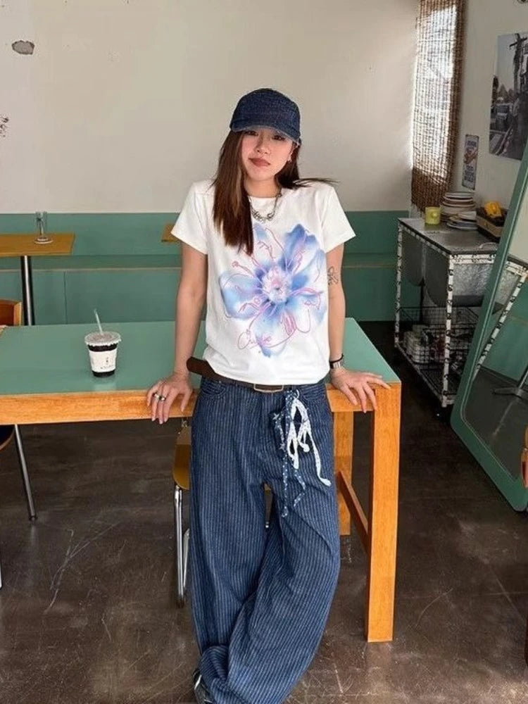 Lunivop  Woman T Shirts O Neck Short Sleeve Slim Stretch Short Sleeve Flowers Printed Y2k Tops Vintage Fashion Tshirt Casual