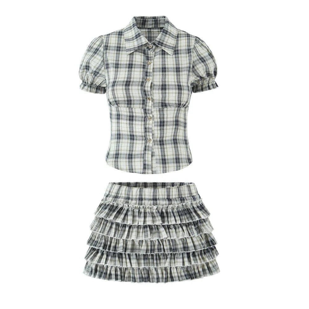 Lunivop  2 Pieces 1 Set Summer Gingham Plaid Short Puff Sleeve Shirt Tank Top + Elastic Waist Tier Cascade Wood ears Ruffles Mini Skirt