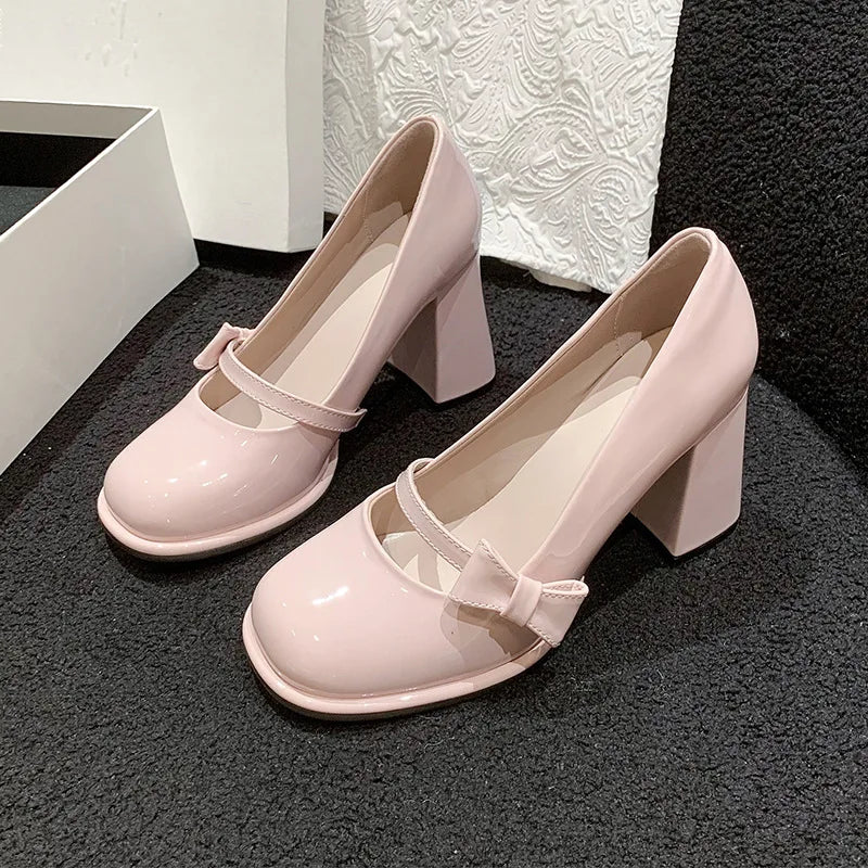 Lunivop Elegant Heel Shoes Ladies 8cm High Heel Bowknot Solid Mary Jane Zapatos Adult Dress Pink White Black Cosplay Footwear