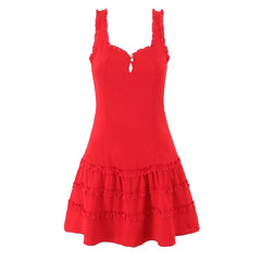 Lunivop  French Style Fungus Edge Red Sleeveless Dress Women O Neck A-line Slim Summer Short Dresses Holiday Robe Tank Vestidos