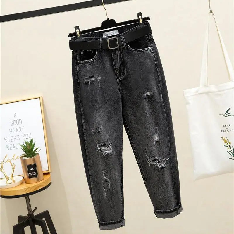 Lunivop  High Waist Loose Fit Denim Jeans Women's Student Dad Style Harajuku Jeans Tear Hole Straight Leg Ankle-Length Autumn Jeans