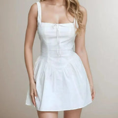 Lunivop  Sexy Bow Square Collar Corset style Mini Sling Dress Women Deep Backless Party Skater Low Waist Ruched A-line Sling Robe