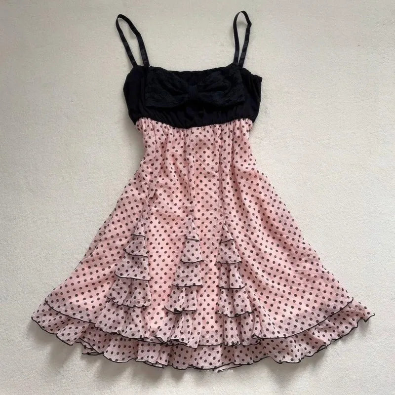 Lunivop  New Sweet French Constrast Color All Match Sling Short Dress Harajuku Polka Dot Print A-line Clothes Y2k Spice Girl Punk Dress