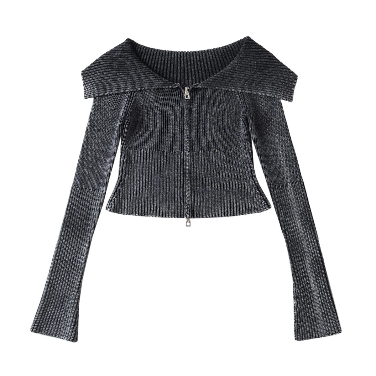 Lunivop  American Retro Gradient Color Rib Knitted Off the Shoulder Cardigan Women Zipper Up Flare Sleeve Slim Stretch Knitwear Jumper