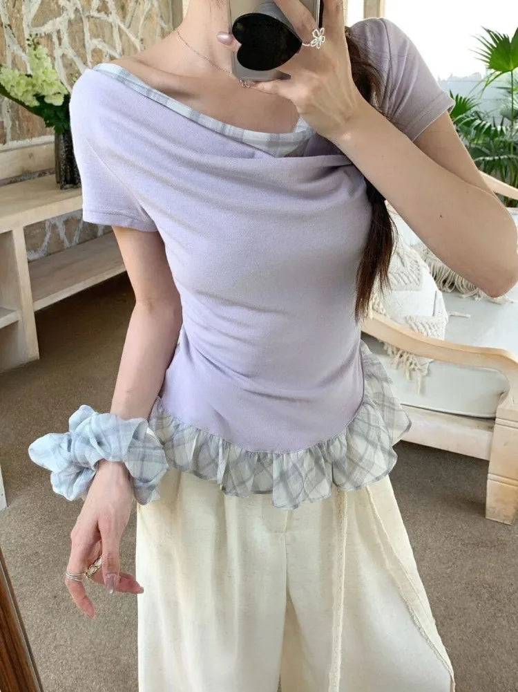 Lunivop  T Shirts Women Plaid Patchwork Swinging Collar Off Shoulder Ruffles Short Sleeve Summer Fashion Sweet Tops Casual Tshirt