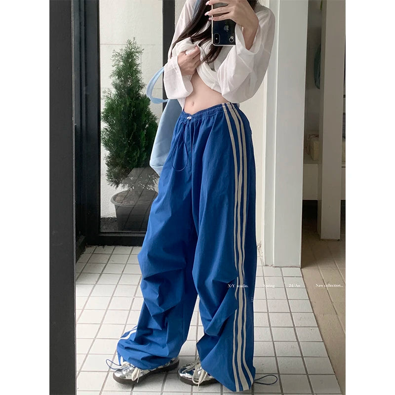 Lunivop Women Blue High Waist Cargo Pants Vintage Y2K Fashion Pocket Baggy Straight Wide Leg Pants Street Mopping Trouser Female Summer