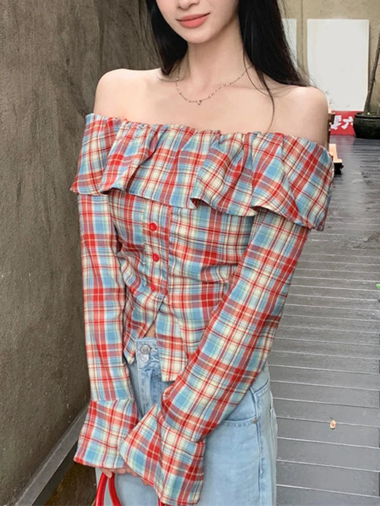 Lunivop Ruffles Off Shoulder Plaid Shirt Women Flare Sleeve Slim Sexy Slash Neck Blouse Korean Vintage Female Sweet Elegant Tops
