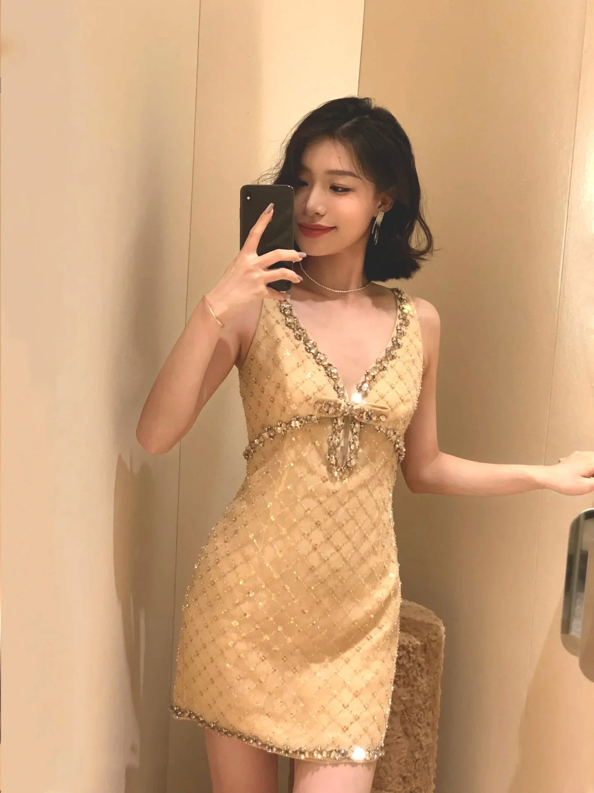 Lunivop 2025 New Diamonds Bow Women's Spaghetti Strap Dress Beading Plaid Zipper V-Neck Sleeveless Elegance Dresses Female