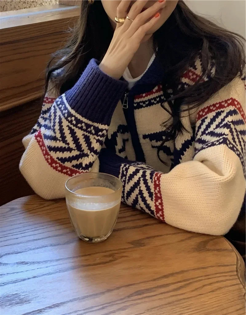 Lunivop Knitted Zip Up Cardigan Women Vintage Fair Isle Zipper Front Cropped Sweater Jacket Knitwear Autumn Winter Outfit