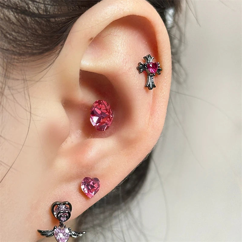 Lunivop 1 PCS Black Cross Rose Red Zircon Crystal Ear Bone Nail 316L Medical Titanium Steel Earrings for Women Y2K Punk Superior Jewelry