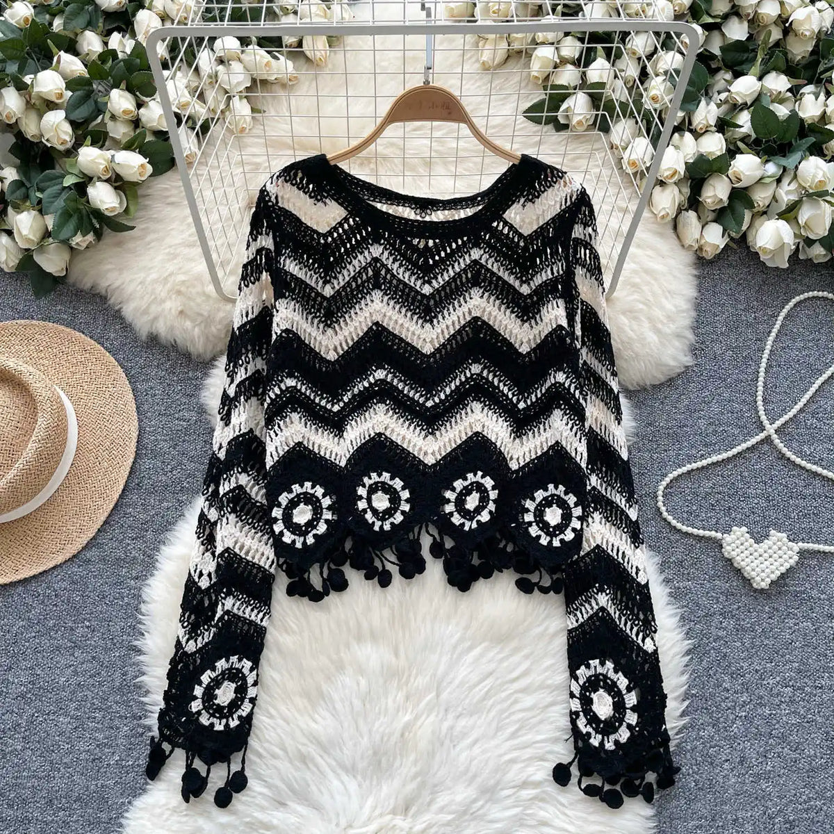 Lunivop Crochet Top Long Sleeve V-Neck Wavy Striped Open-knit Pullover Sweater for Women Teen-girl Boho Vacation Outfit