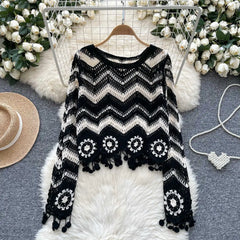 Lunivop Crochet Top Long Sleeve V-Neck Wavy Striped Open-knit Pullover Sweater for Women Teen-girl Boho Vacation Outfit