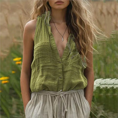 Lunivop  Elegant Sleeveless Women's Shirt Casual Loose Cotton and Linen Solid Color V-neck Vest Tops Fashion Pocket Button Up Blouse