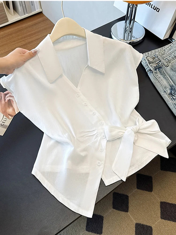 Lunivop  Cute Bow Women White Shirt Casual Elegant Vintage V Neck Sweet Blouse Korean Retro Summer Design Single Breasted Lady Tops