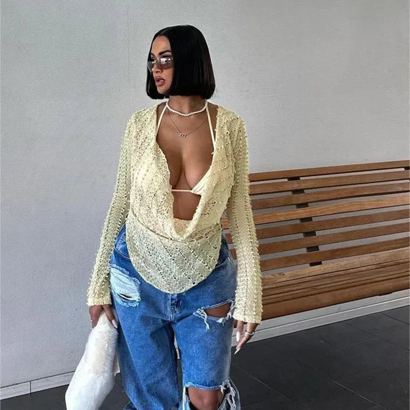 Lunivop Long Sleeve Tops for Women Fashion Hollow Out Draped Slim T-Shirts Autumn Winter Sexy Deep V-neck Holiday Club Crop Top 2024