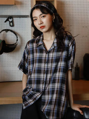 Lunivop  Loose Retro Plaid Shirt Women Short Sleeve Casual Vintage Blouse Summer All Match Japan Preppy Style Single Breasted Tops