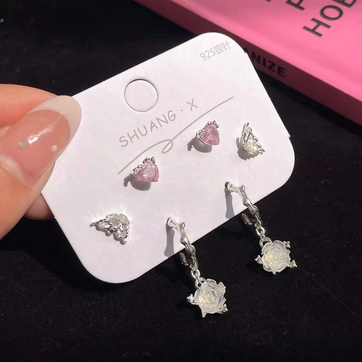 Lunivop 6Pcs/Set Heart Flower Butterfly Chain Pendant Earrings Women's Korean Fashion Y2K Pink Crystal Love Earrings Piercing for Ears