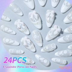 Lunivop  Get Glamorous with,24Pcs/Set Long almond Lace pattern design Press on Nails tip Bow with pearl design translucent Acrylic Fake N