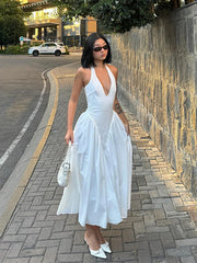 Lunivop Elegant Halter V-Neck Maxi Dress For Women Sexy Slim Backless Solid Long Dress  Summer Lady Prom Party Gown Casual Streetwear Ro