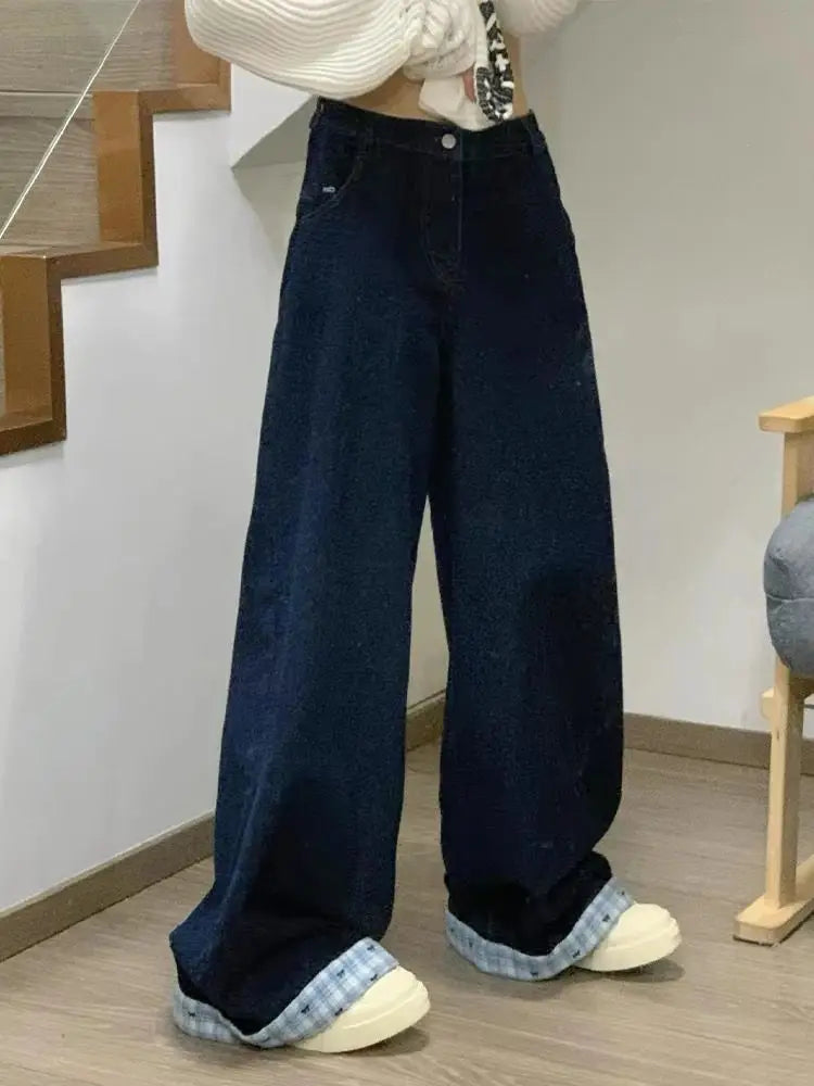 Lunivop  Fall Winter New Women's Wide Leg Floor Length Jeans Featuring Letter Embroidery Bow and Checkered Stitching