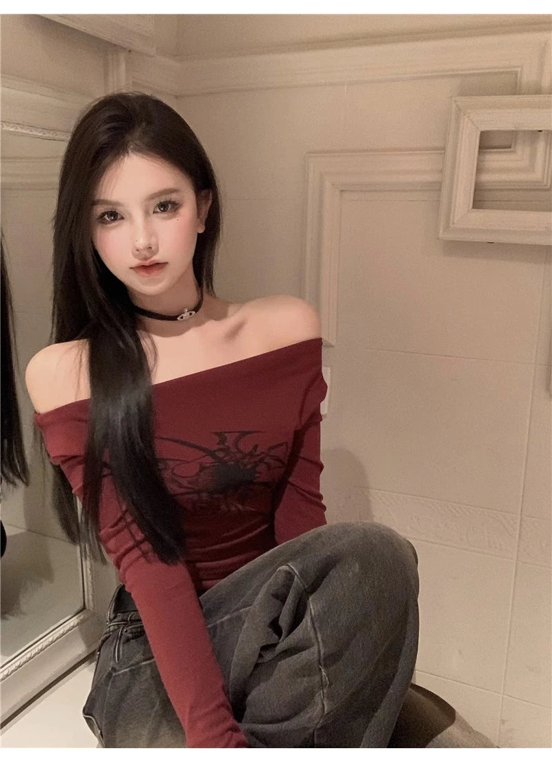 Lunivop Gothic Print Grunge T Shirt Women Long Sleeve Off Shoulder Y2k Vintage Tops Streetwear Korean Style Crop Top Autumn Winter