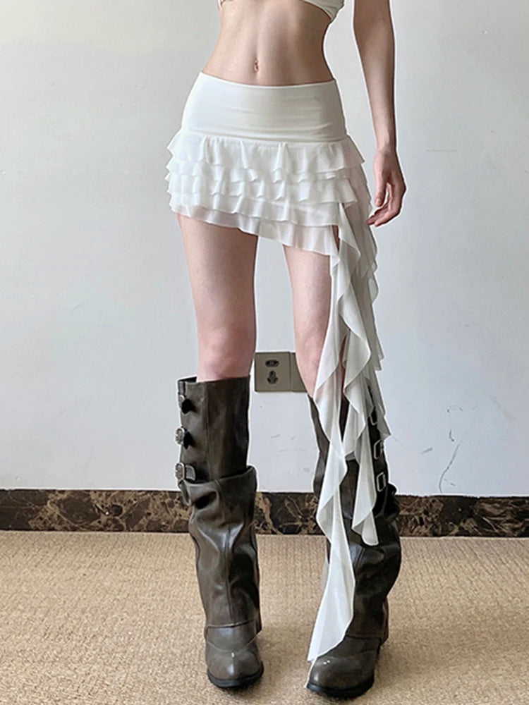 Lunivop  Ruffles Sexy Mesh Y2K Skirts Women Slim Streetwear Vintage High Waist Mini Skirt Harajuku Retro Irregular Design Skirt New