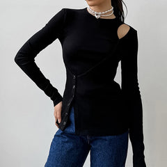 Lunivop  BKLD Fake Two-piece T Shirt Hottie Autumn Outfit Black Irregular Hollow Button Design Tight Full Sleeve Tops Casual Clothes