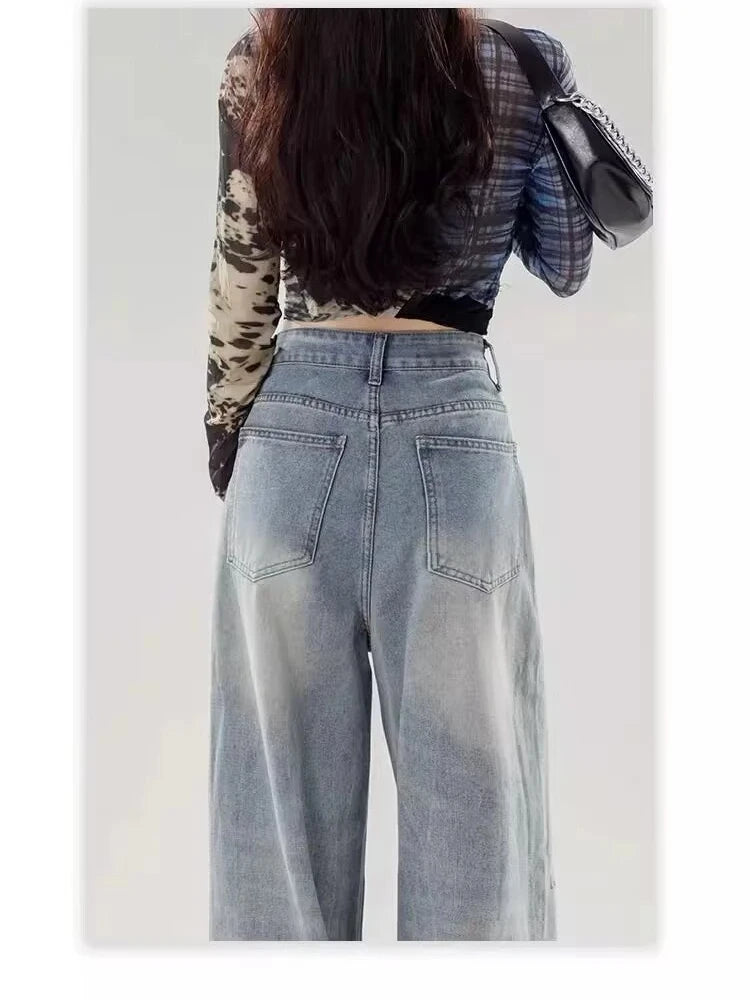 Lunivop American Retro Ripped Jeans for Women 2025 Summer Thin High Waist Slimming Loose Straight Wide-leg Floor Trousers Underpants