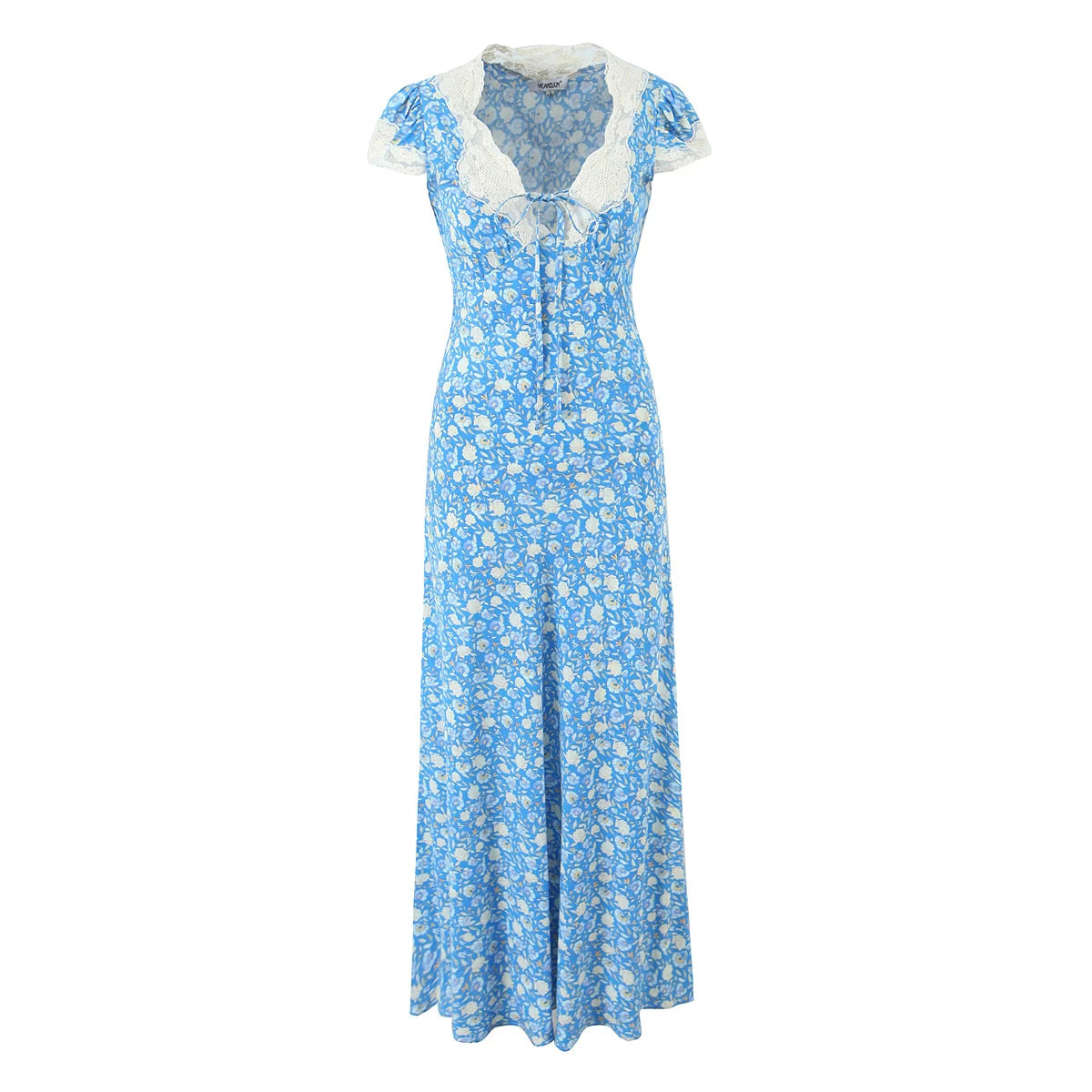 Lunivop  Women Retro French Style Blue Floral Print Spliced Lace V neck Short Sleeve Dress Summer Viscose Cotton Long Dresses Vestidos
