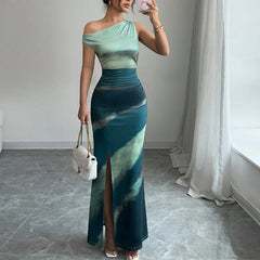 Lunivop  Women's Summer New European and American Contrasting Slim Dress with Off-shoulder Long Skirt
