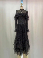 Lunivop Women's Sequin Fake 2 Pcs Ruffled Dresses Round Neck High Waist Long Sleeve Elegant Dress Female Autumn 2025 New