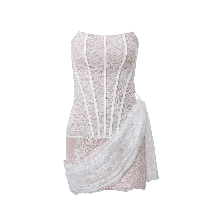 Lunivop   Elegant Lace Strapless Sexy See-through Dress Bandage Irregular Mini Dress For Women Summer Slim Street Party Dress