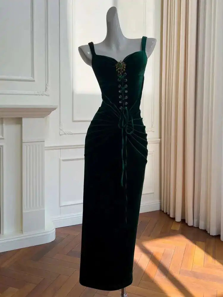 Lunivop French Slim Fit Temperament Waist Strap Strapless Waist Bag Dress With Tied Straps Pleated Velvet Dresses Female