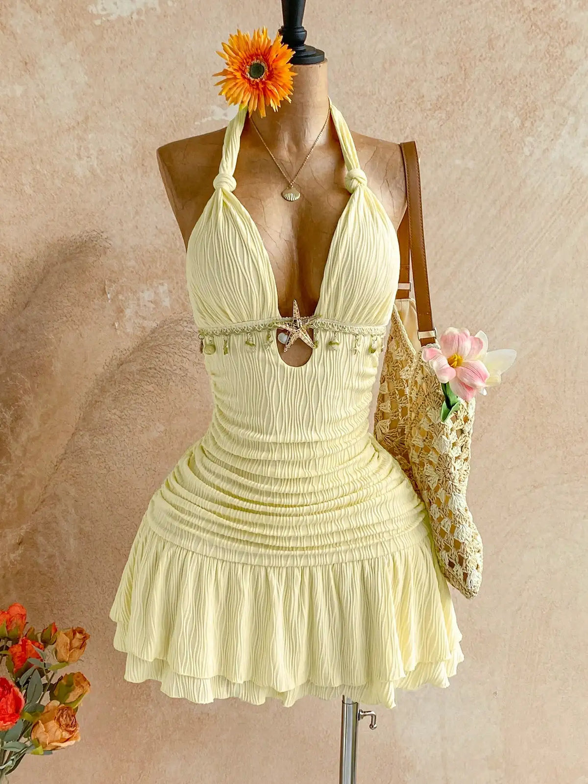 Lunivop  White Halter Twist Bodycon Mini Dress With Shell And Starfish Decor Beach Resort Summer Outfit