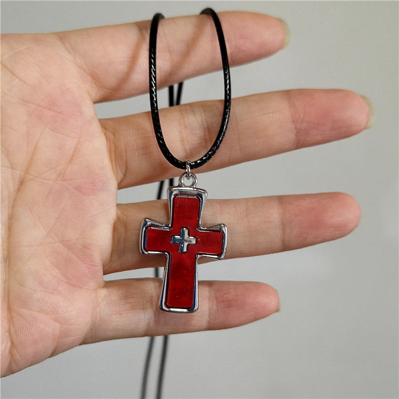 Lunivop Red Pink Large Cross Pendant Leather Choker Necklace Goth Punk Jewelry Charm Statement Women Men Y2k Accessories Halloween Gift