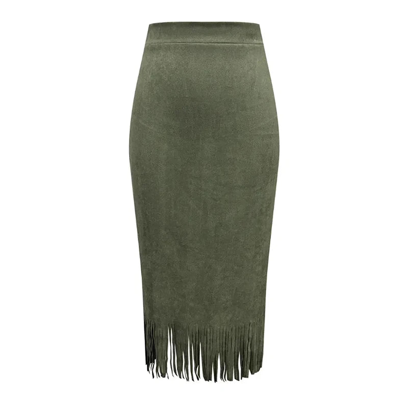 Lunivop  Retro Women's Suede Midi Skirt Daily Casual High Waisted Solid Colors Tassel Hem Skirts Fashion Street Autumn Winter Chic Outfit