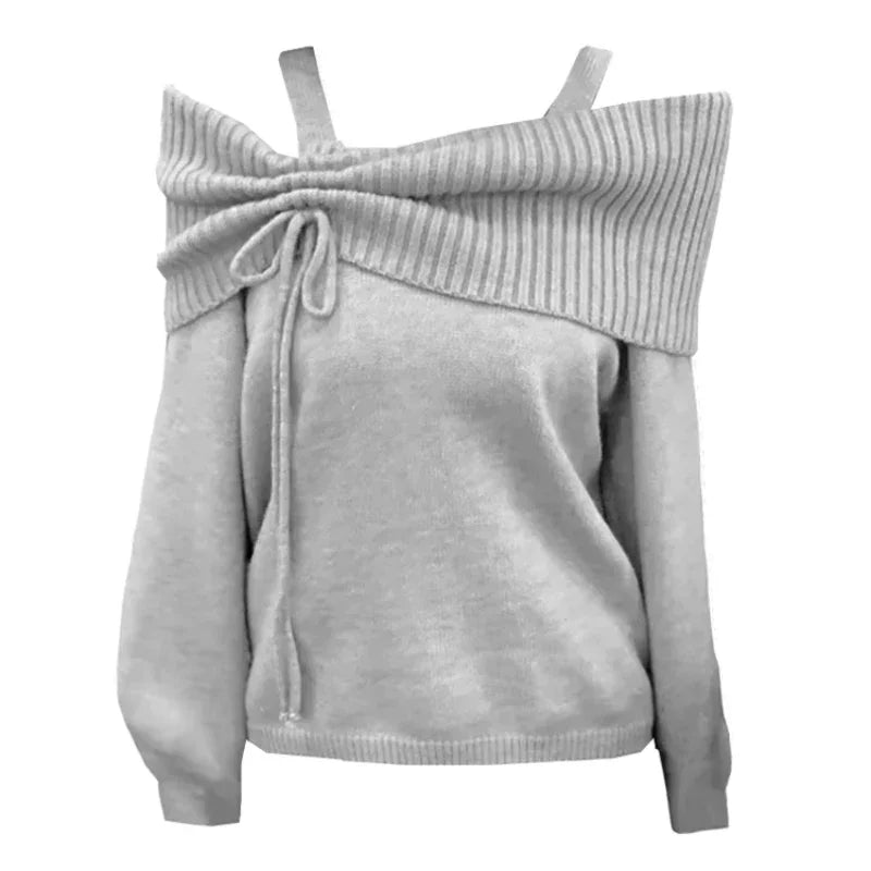 Lunivop  Deeptown Korean Style Coquette Knitwear Pullovers Women Sweet Slash Neck Long Sleeve Sweaters Autumn Winter 2000s Grey Jumper
