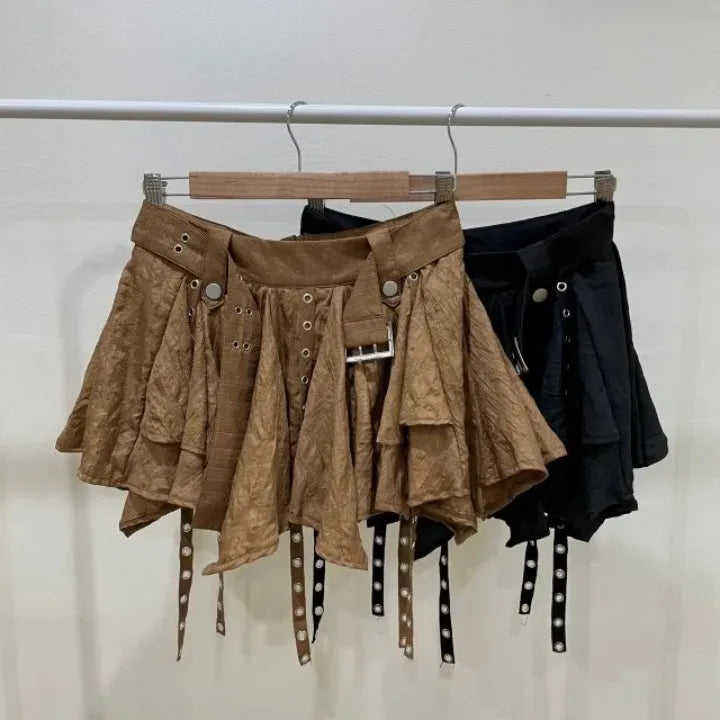Lunivop Women Crumpled Layer Mini Skirt with Belt Strap Elastic Back Asymmetrical Short Skirt Grunge e-Girl Y2K Acubi Outfit