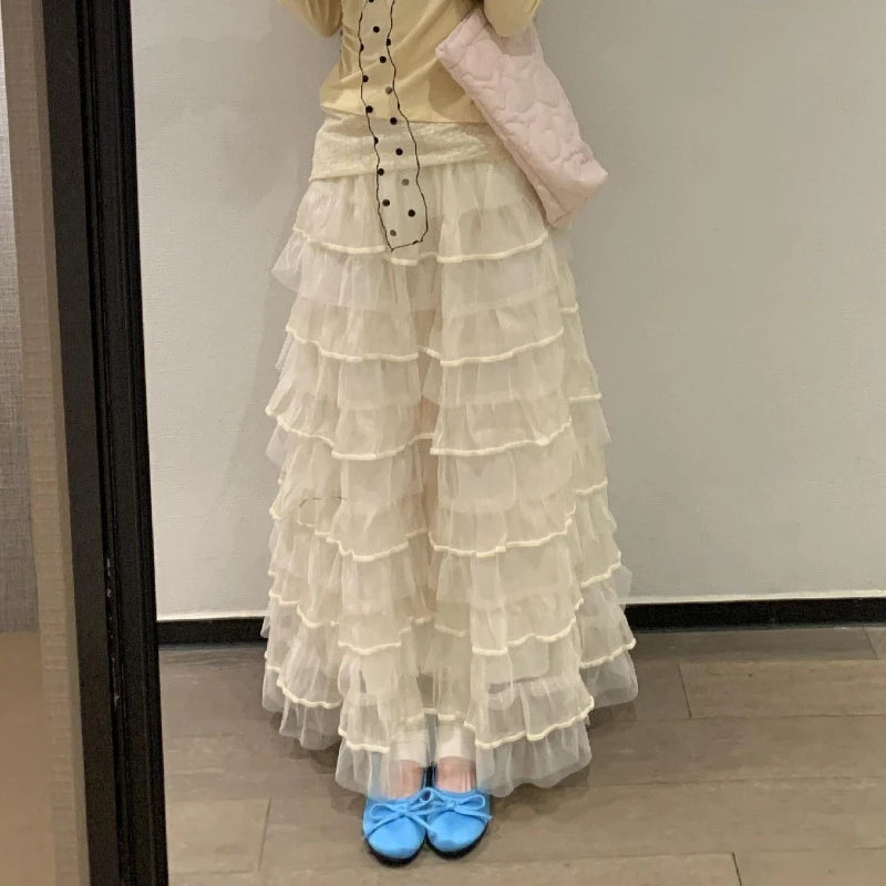 Lunivop Fairycore Sweet Cake Skirts Women Kawaii Korean Style Ruffle Long Skirt Elegant Cutecore High Waist Mesh Layered Skirt