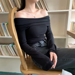 Lunivop Chic Women Sexy Off Shoulder T-shirt Winter Long Sleeve Slim Fit Crop Top Y2K Vintage Harajuku Black Tees Elegant Female Clothes