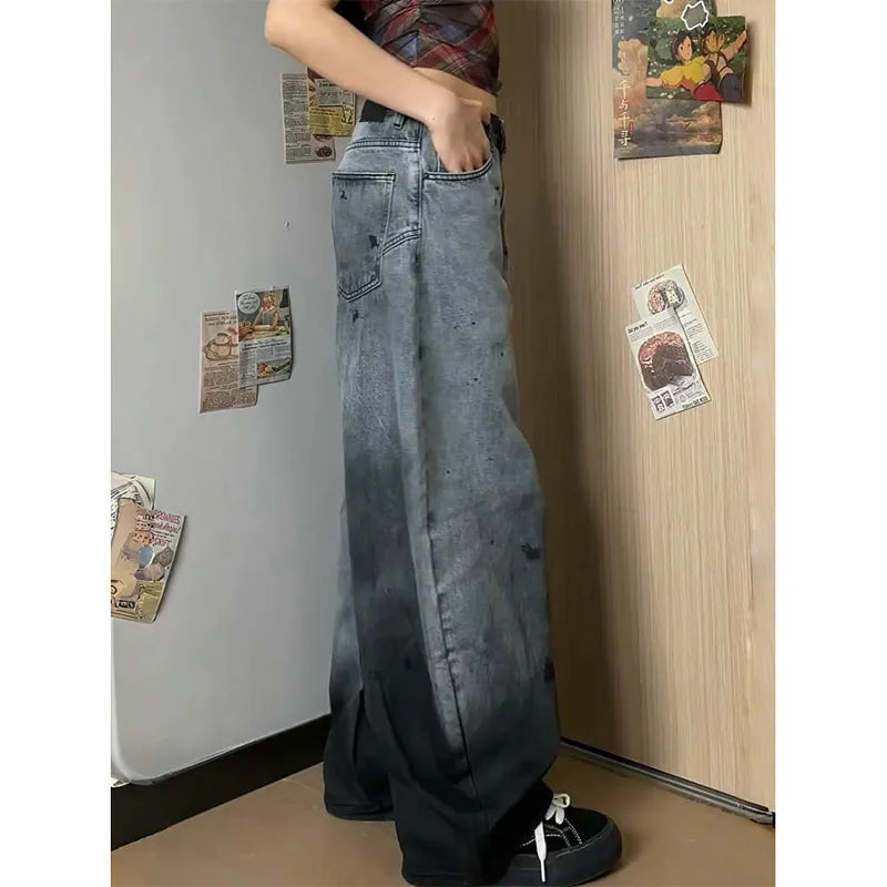 Lunivop Black Womens Jeans High Waist Vintage Design Hip Hop Straight Baggy Denim Pants Street Y2K American Style Wide Leg Denim Trouser