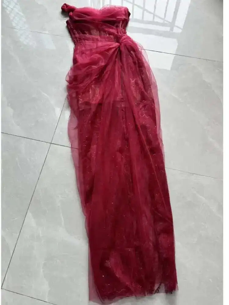 Lunivop Mesh Dress For Vacation,single Straps High Waist Long Vestido,pullover Sheer Fake Two Pieces Party Dresses