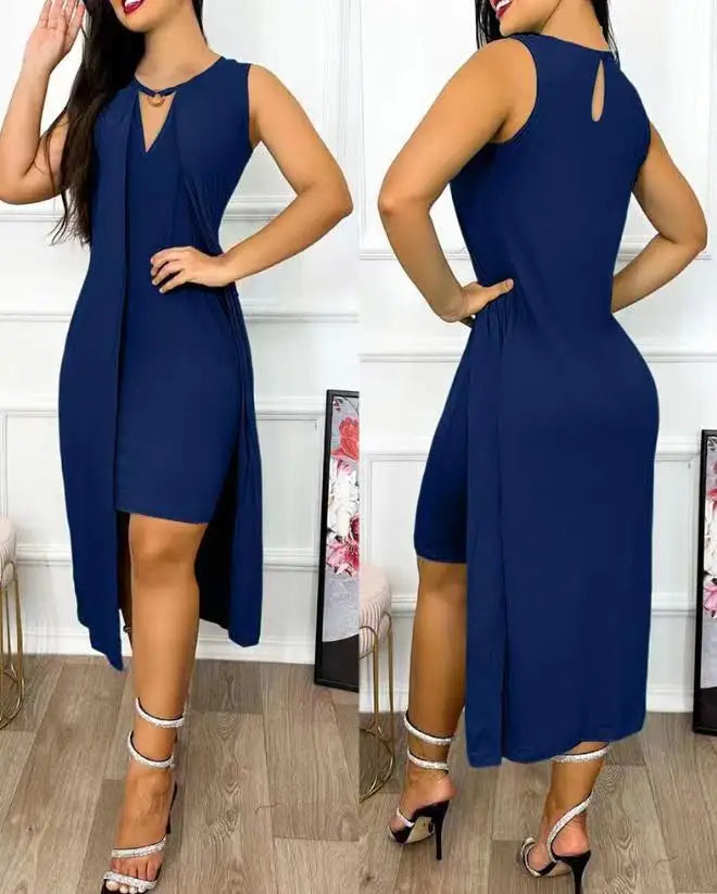 Lunivop  Dresses for Women Summer Fashion Keyhole Neck Sleeveless Cutout O-Ring Decor Slit Asymmetrical Casual Dress Clothing